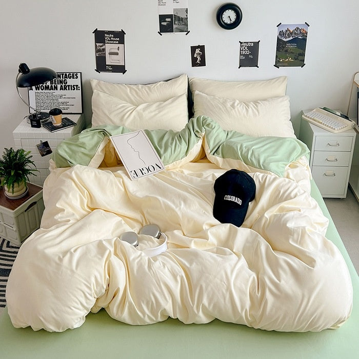 Washed Cotton Solid Color Double Spliced Four-Piece Bedding Set - Sheet, Quilt Cover, Pillowcases for Employee and Dormitory Use - Korvel