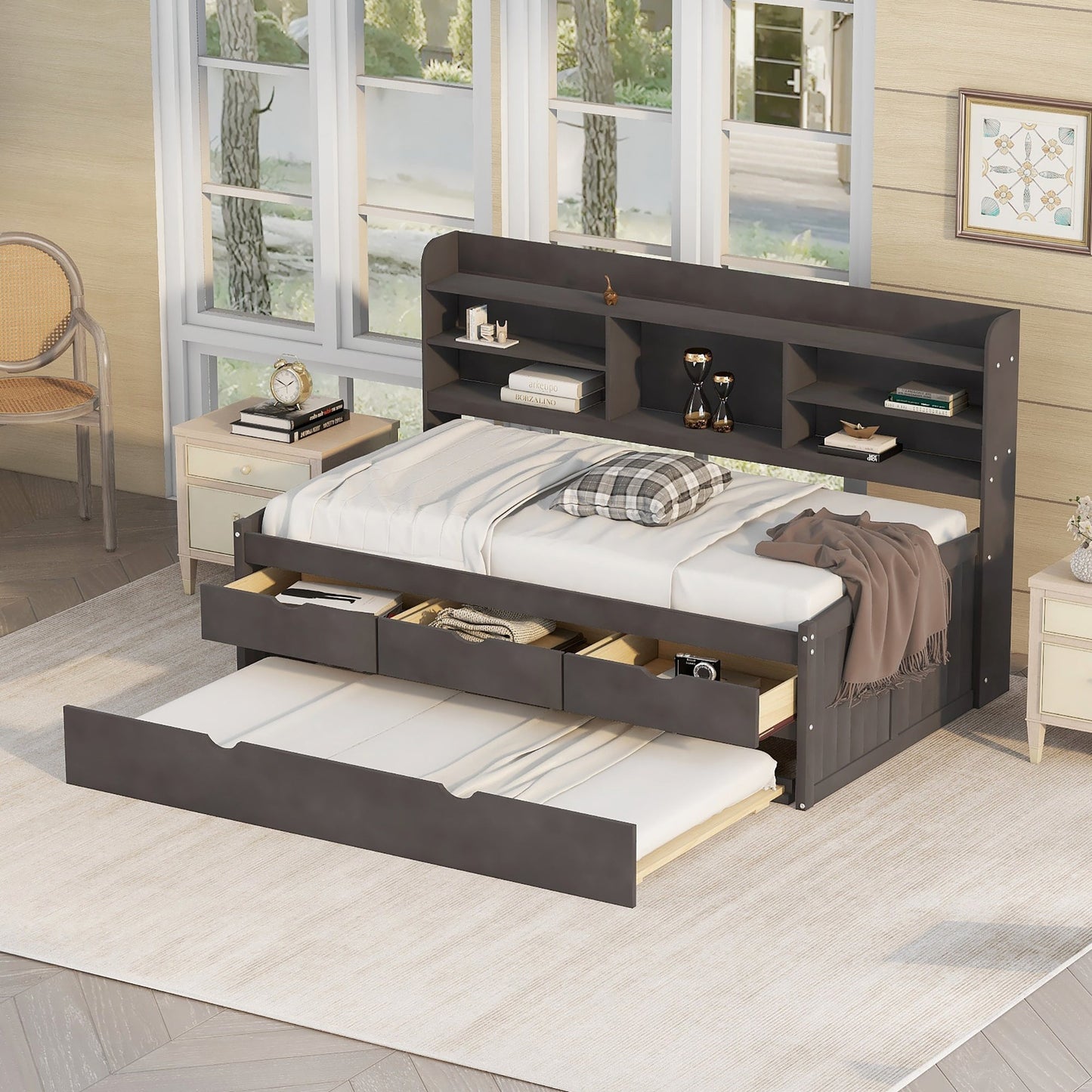 Twin Size Wooden Captain Bed with Storage and Trundle - Antique Gray