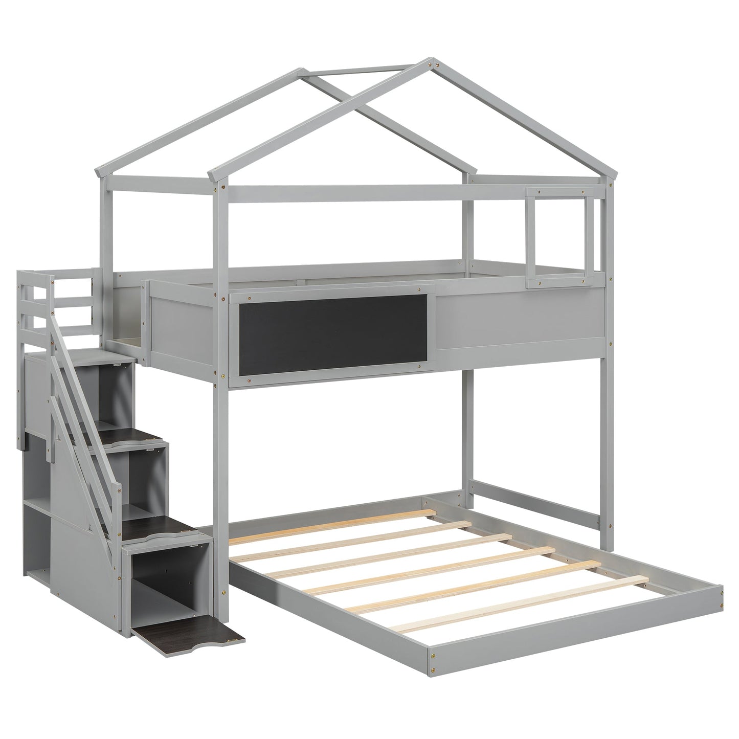 Twin over Full House Bunk Bed with Storage Staircase and Blackboard Gray - Korvel