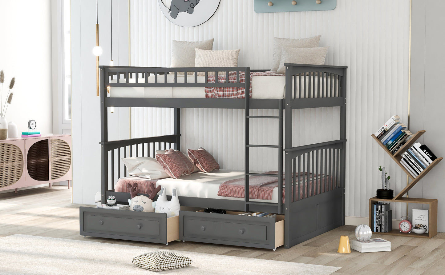 Full over Full Bunk Bed with Drawers, Convertible Beds  Gray - Korvel