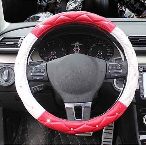 Leather Steering Wheel Covers Crystal Studded Rhinestone Car Steering-Wheel Cover Cases Pink Car Interior Accessories For Girls - Korvel