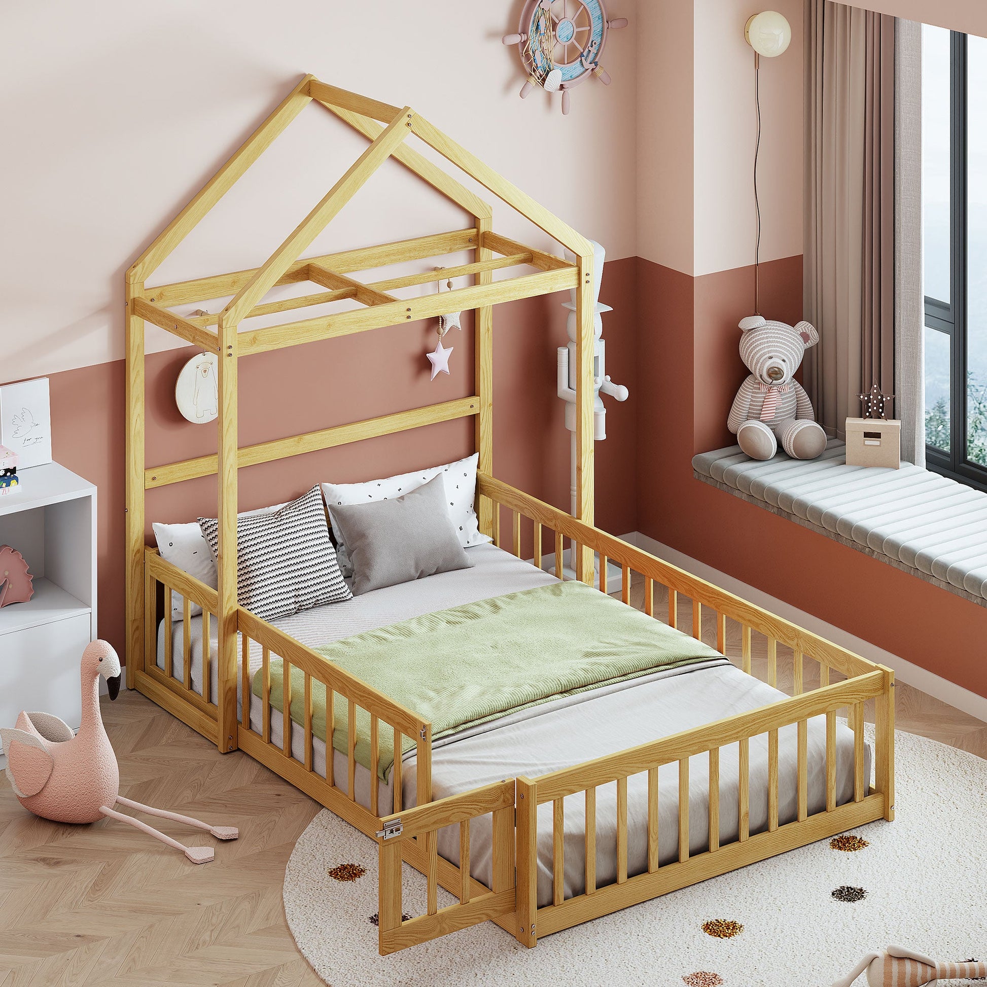 Wooden Full Size Children's Bed with Detachable Headboard and Integrated Clothes Drying Rack, Natural - Korvel