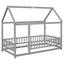 Twin Size Floor Wooden Bed with House Roof Frame, Fence Guardrails,Grey - Korvel