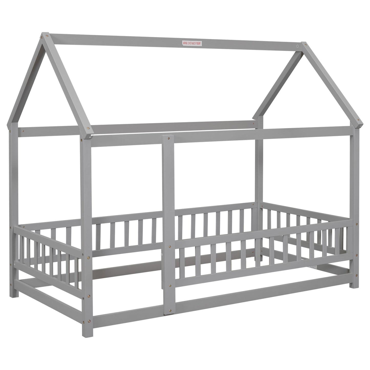 Twin Size Floor Wooden Bed with House Roof Frame, Fence Guardrails,Grey - Korvel