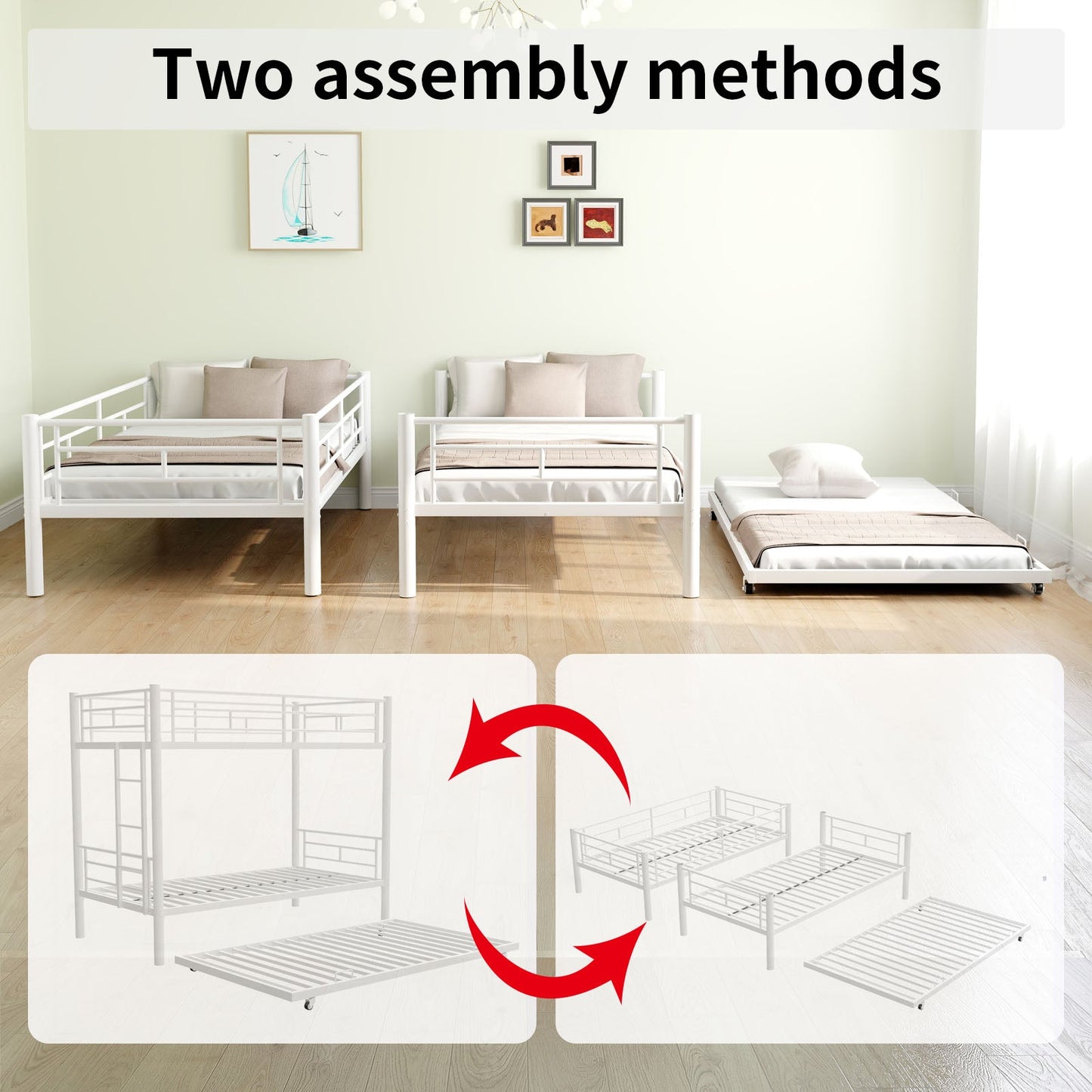 Cama litera resistente de dos camas individuales con cama nido - Blanca