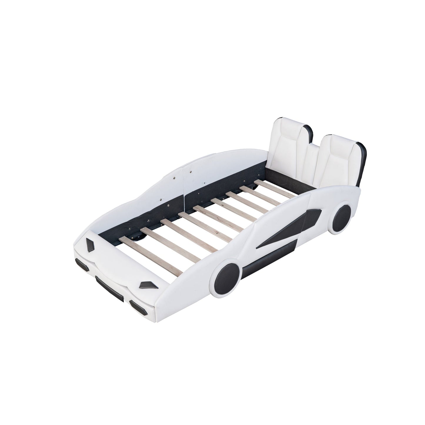 Twin Size Race Car Platform Bed with Wheels - White
