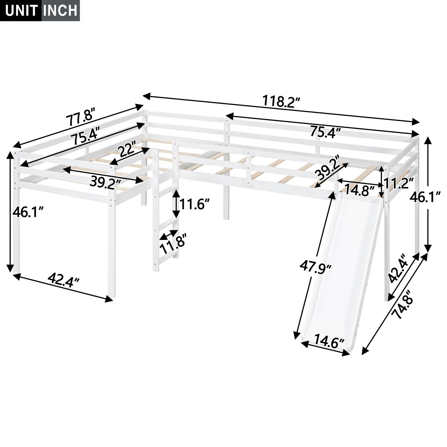 Lit mezzanine en forme de L pour enfant avec échelle et toboggan - Blanc