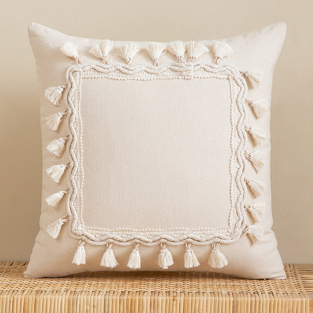 Tassels Cushion Cover 45x45cm Beige White Pillow Covers Decorative Pillow Case Square Home Boho Decor Macrame Pillowcase - Korvel