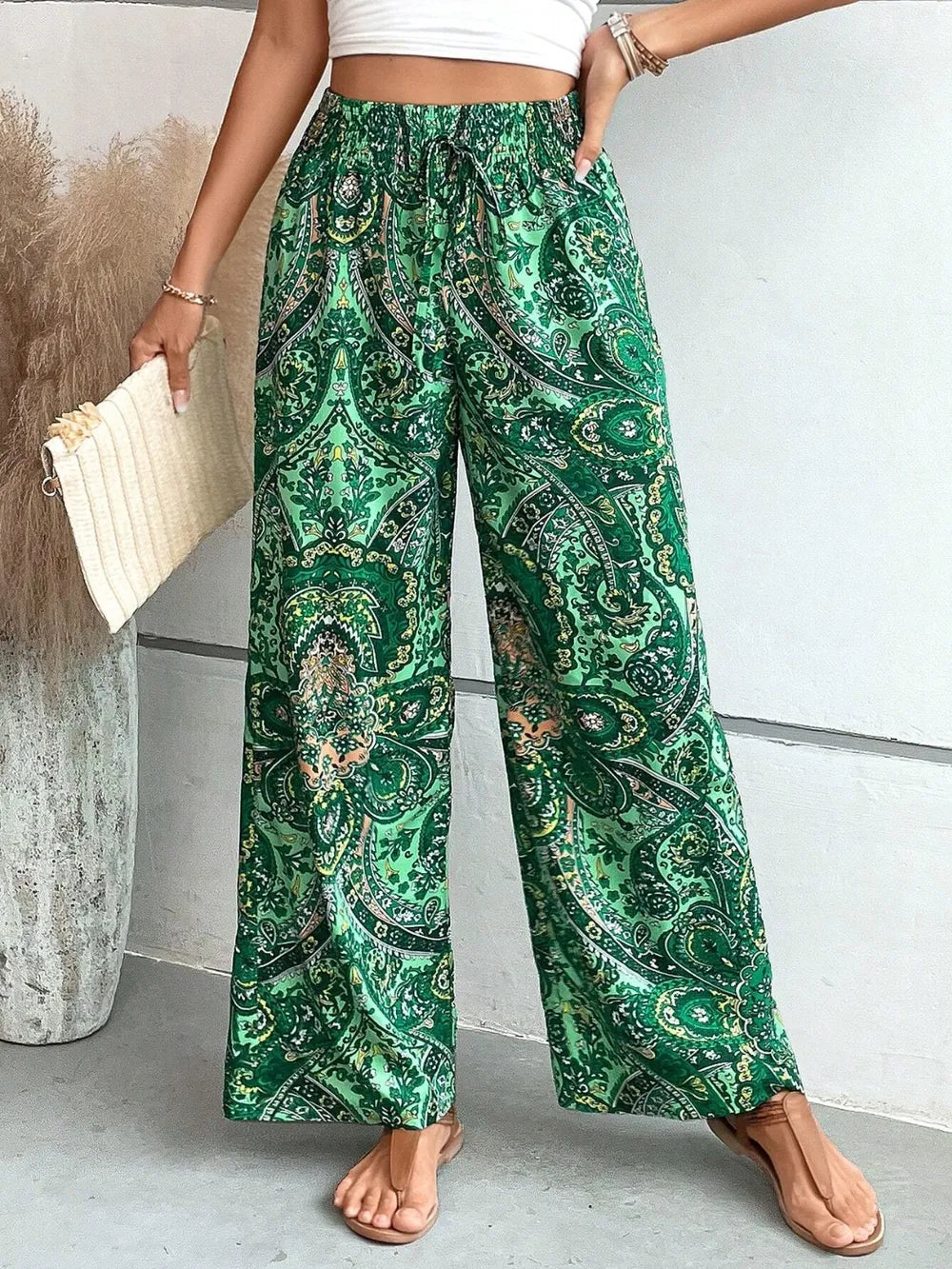 Printed Wide Leg Pants - Korvel