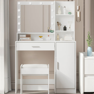 Large drawer with mirror and light, three-layer storage vanity, adjustable brightness for 3 lighting modes (white with stool) - Korvel