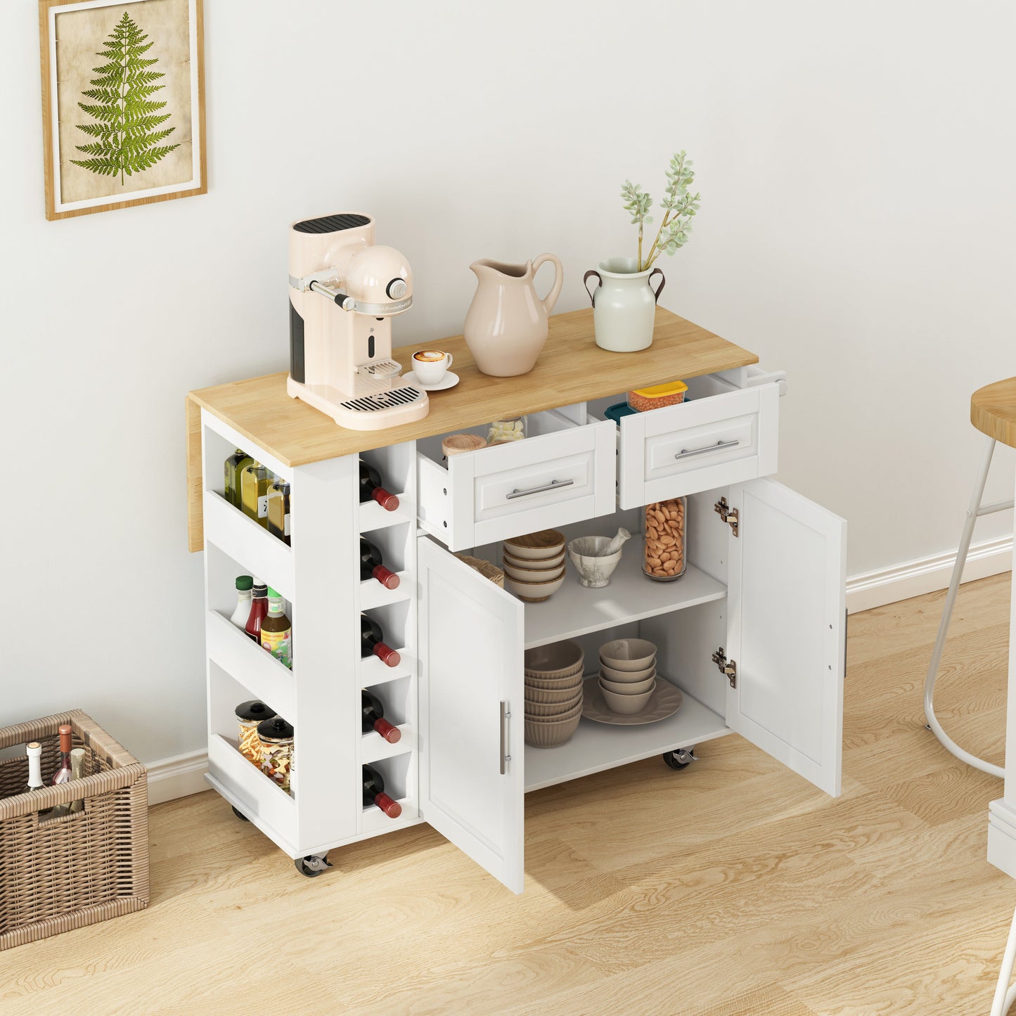 Multi-Functional Kitchen Island Cart with 2 Door Cabinet and Two Drawers,Spice Rack, Towel Holder, Wine Rack, and Foldable Rubberwood Table Top (White) - Korvel