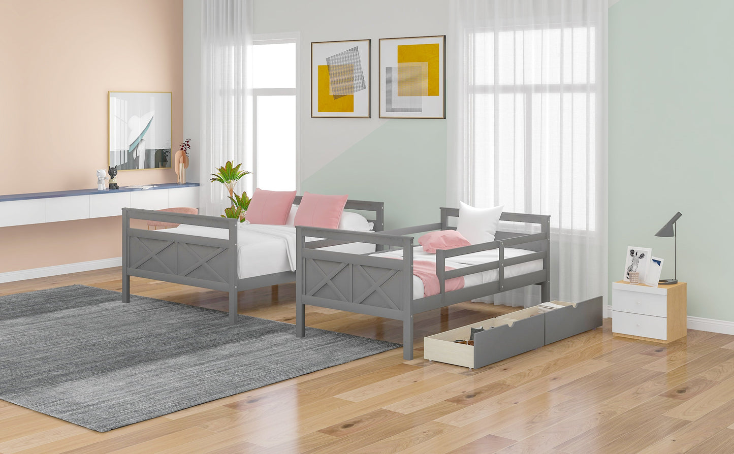 Twin over Full Bunk Bed with Ladder Two Storage Drawers  Safety Guardrail  Gray - Korvel
