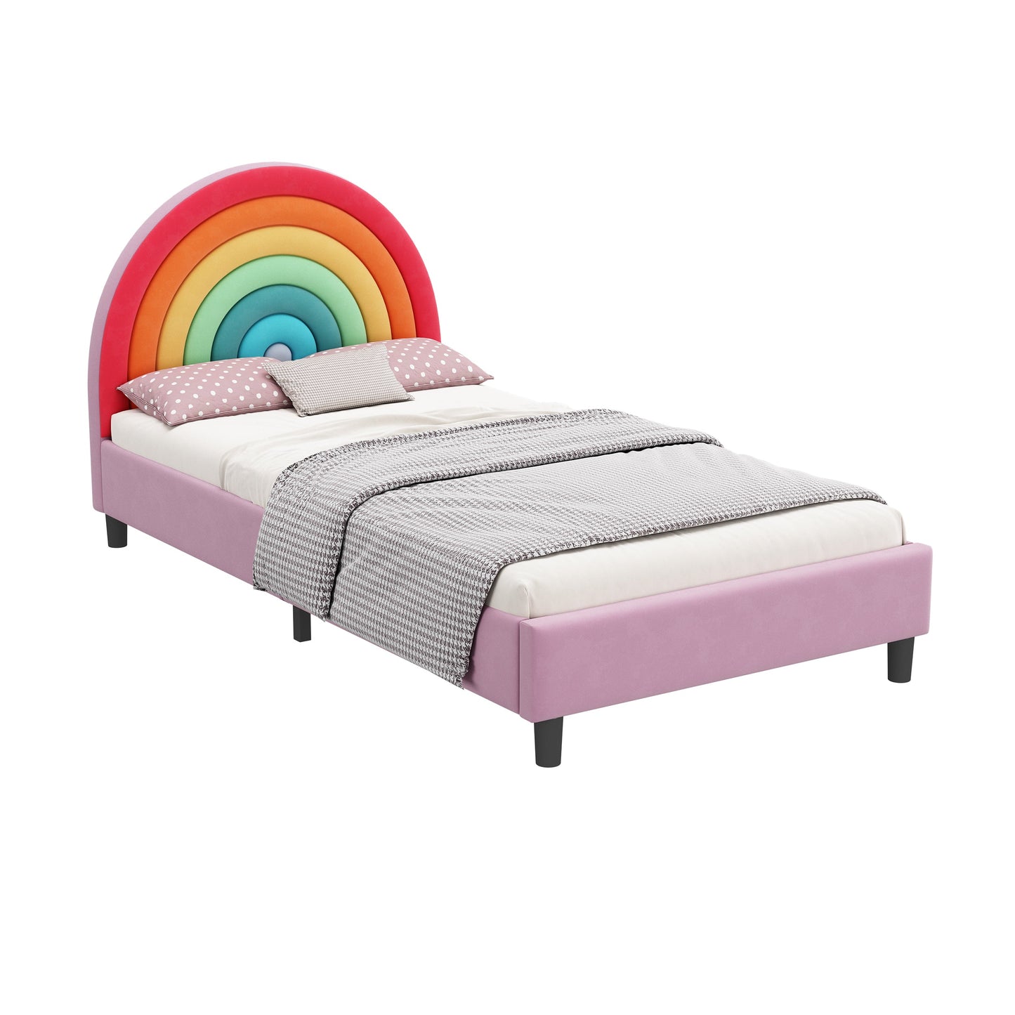 Rainbow Design Upholstered Twin Platform Bed Cute Style Princess Bed for Boys & Girls, Teens, Colorful & Pink - Korvel