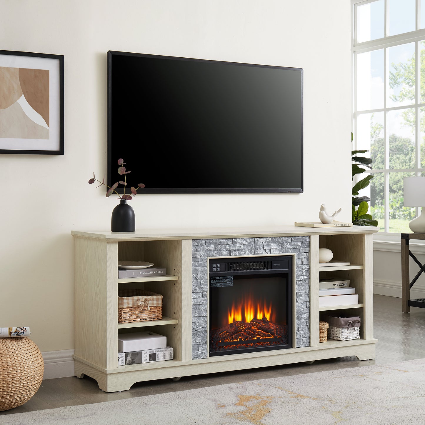 Meuble TV avec foyer électrique en pierre Mantel et rangement ouvert