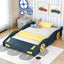 Full Size Race Car-Shaped Platform Bed with Wheels and Storage, Dark Blue+Yellow - Korvel