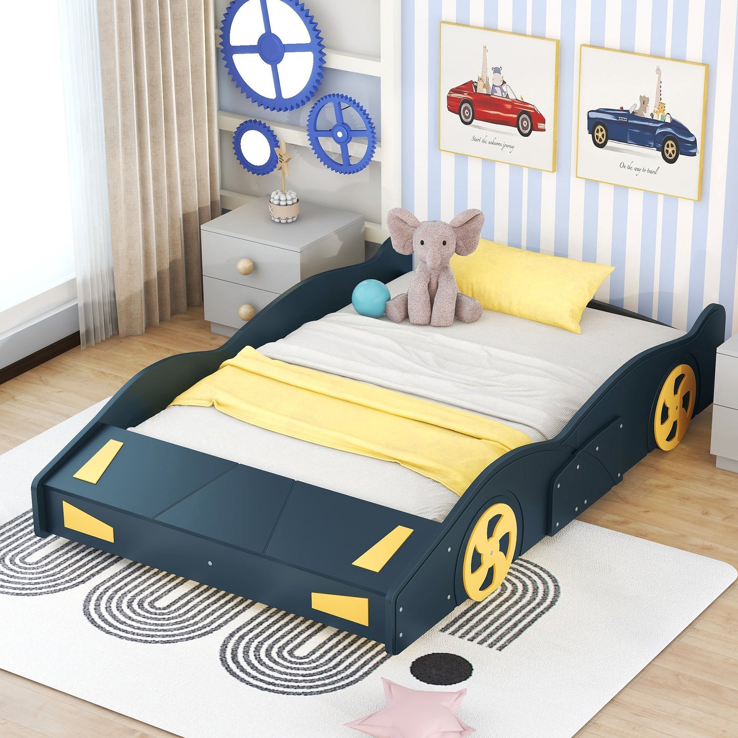 Full Size Race Car-Shaped Platform Bed with Wheels and Storage, Dark Blue+Yellow - Korvel