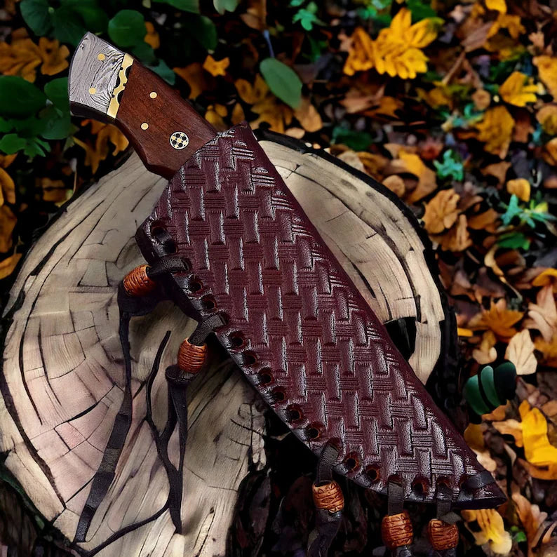 Compact Bushcraft Knife – 9" Damascus Steel Blade with Elegant Rosewood Handle & Leather Sheath - Korvel