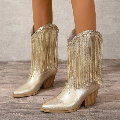 Women Vintage Chunky Heel Wrinkled Slip-on V-Opening Western Cowboy Boots - Korvel