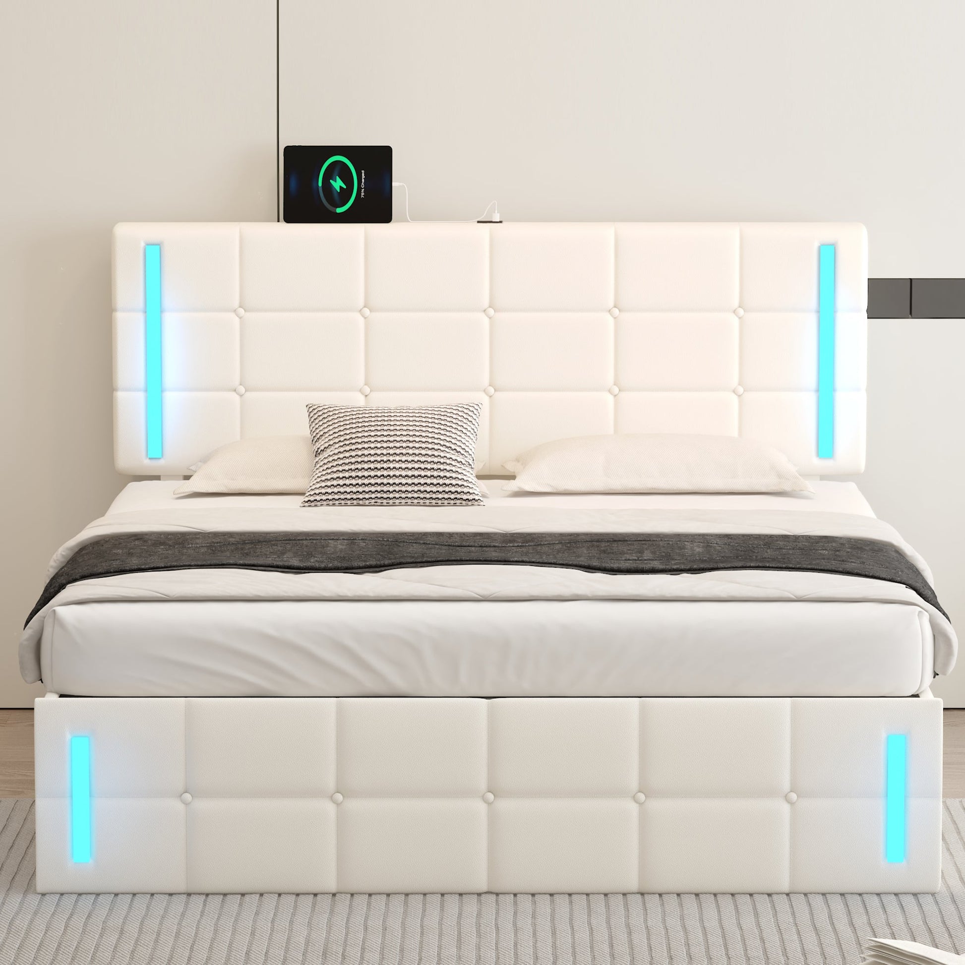 Queen Size Upholstered Bed with LED Lights Hydraulic Storage System and USB Charging Station White - Korvel