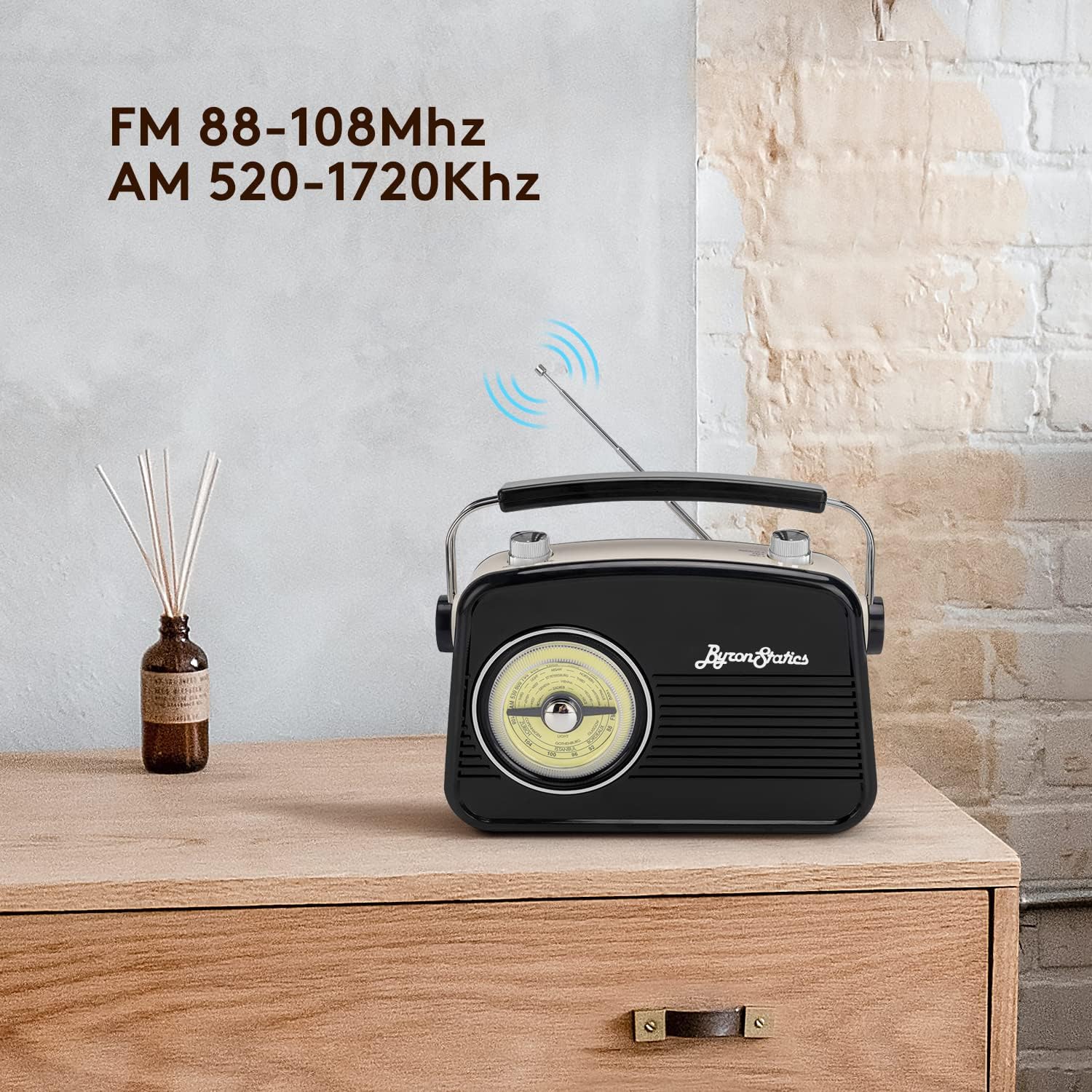 Black AM FM Radio - Small Portable Radios Vintage/Retro with Headphone Jack, Large Analog Rotary Tuning Dial - Korvel
