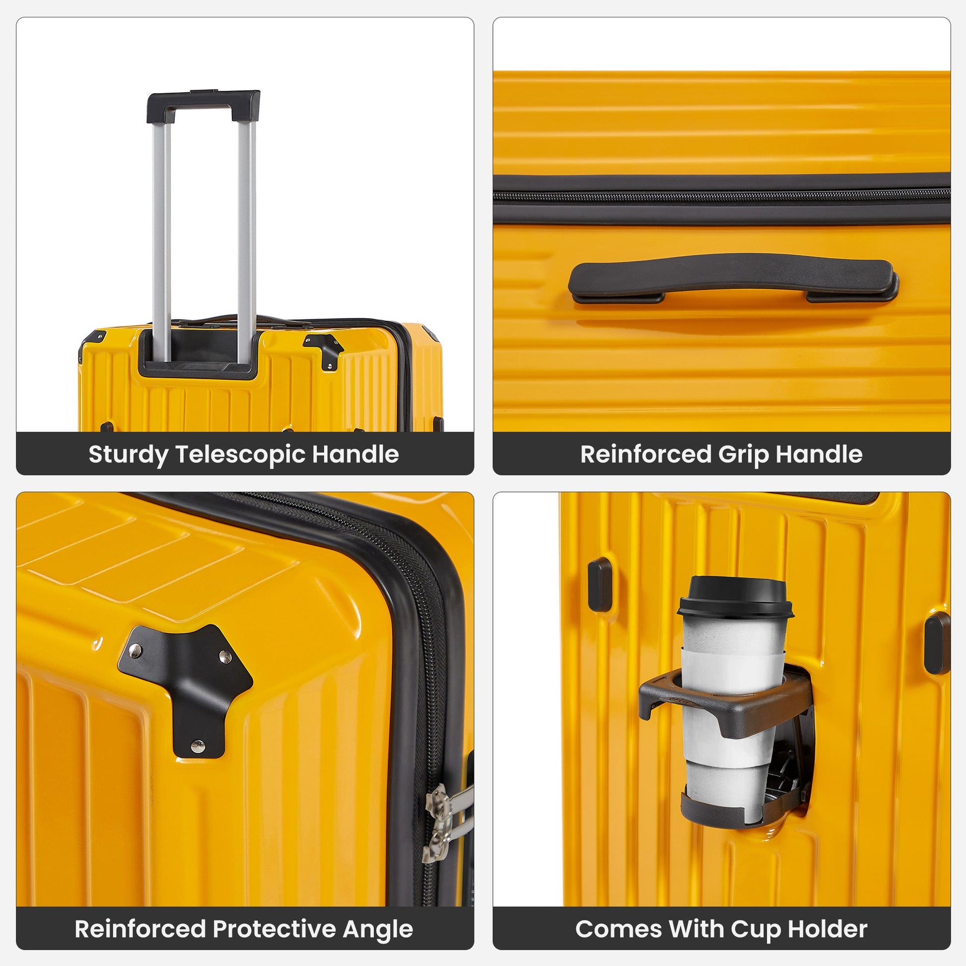 Luggage Set 4 pcs (20"/24"/29"/Travel Bag), PC+ABS Durable Lightweight Luggage with Collapsible Cup Holder TSA Lock, Yellow - Korvel