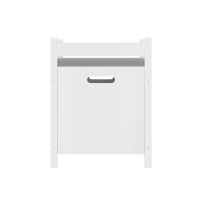 A white rubber wood children's toy box with soft cushioned seats, stools, flip covers, and safety hinges for toy storage - Korvel