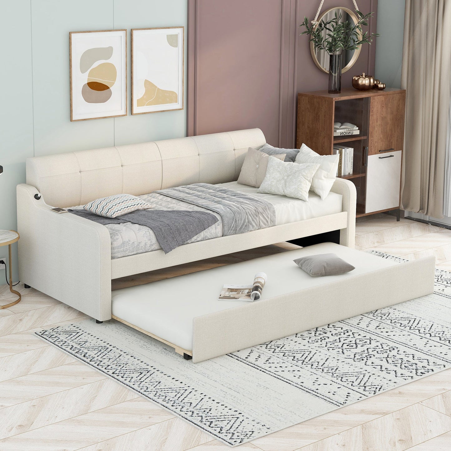 Twin Size Upholstery Daybed with Trundle and USB Charging Design Trundle can be flat or erected Beige - Korvel