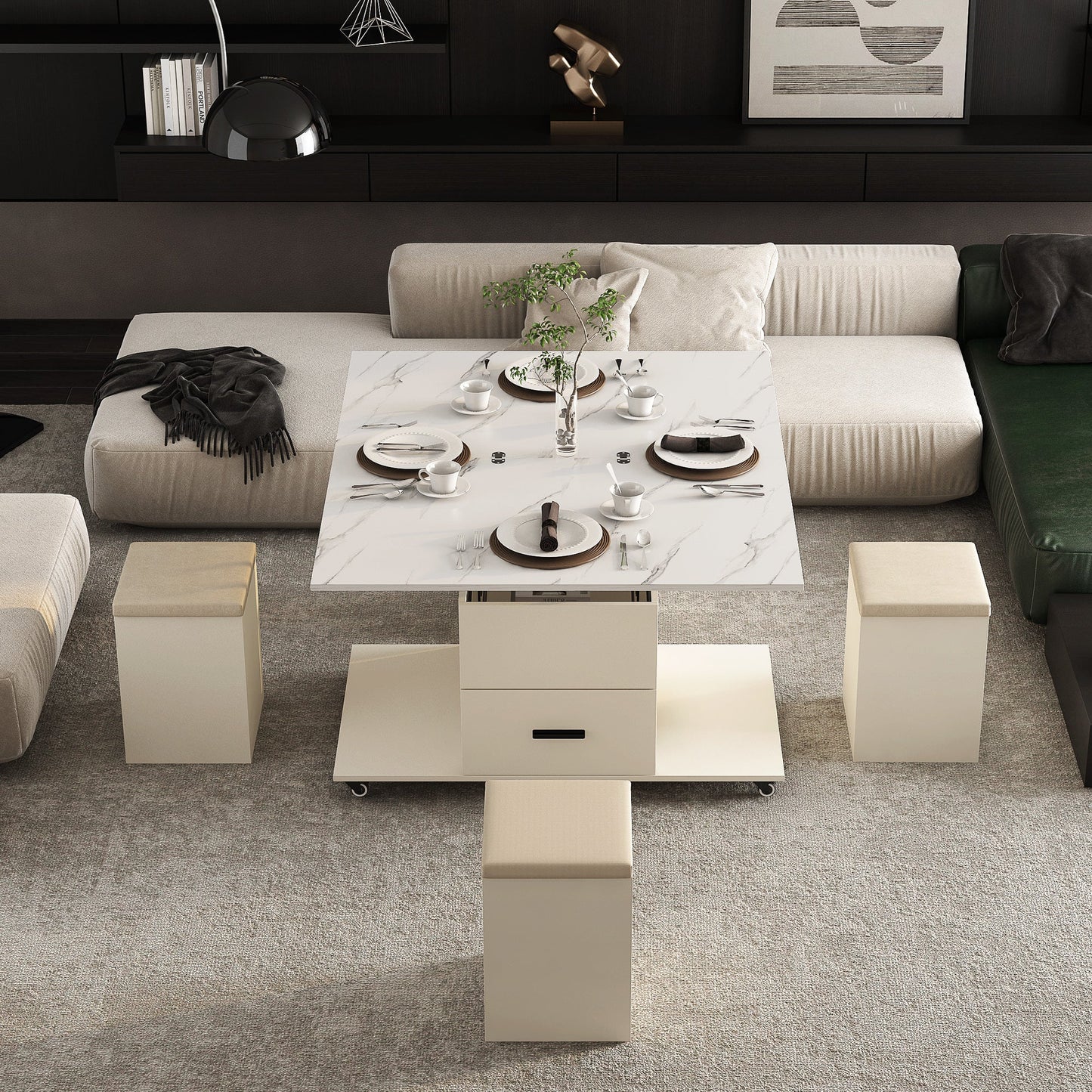 Modern Lift-Up Coffee Table with Storage and Stools