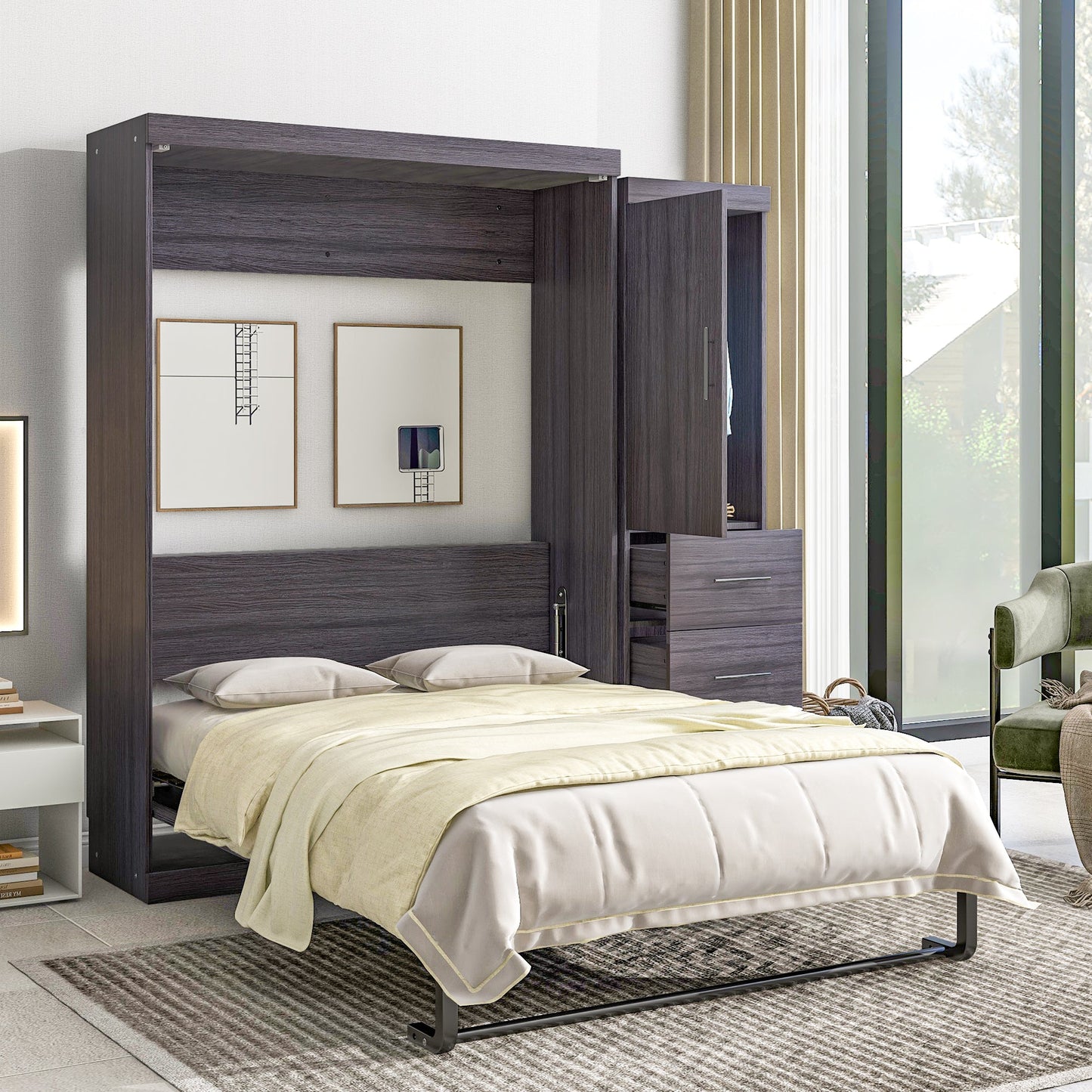 Full Size Gray Murphy Bed with Wardrobe and Drawers
