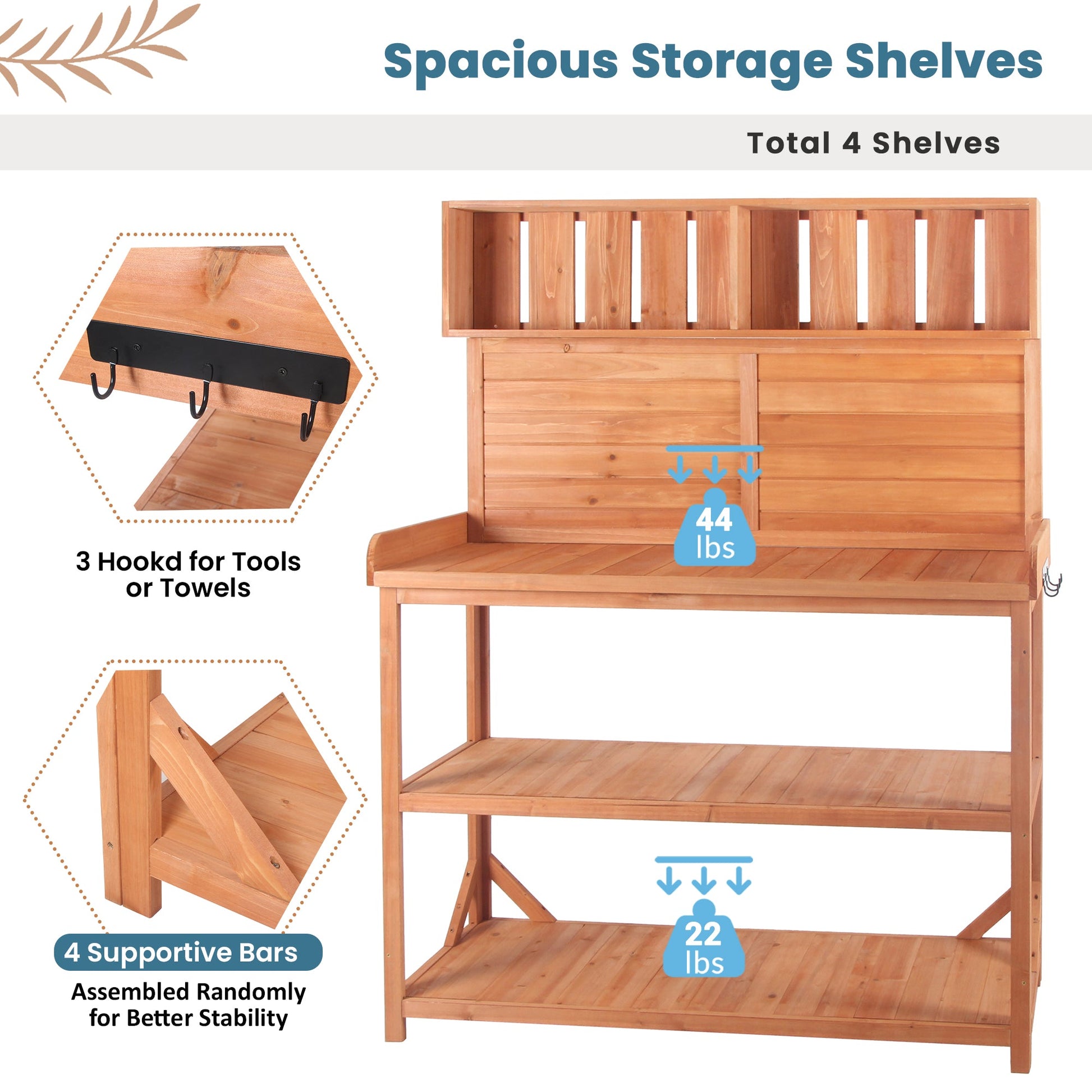 65" Large Wooden Farmhouse Rustic Outdoor Potting Bench Table Garden Potting Bench with 4 Storage Shelves and Side Hook,Natural - Korvel
