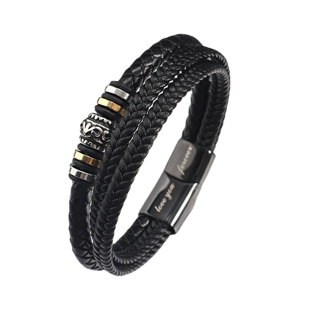 Men's Multi-Layer Woven Bracelet in Stainless Steel and Leather