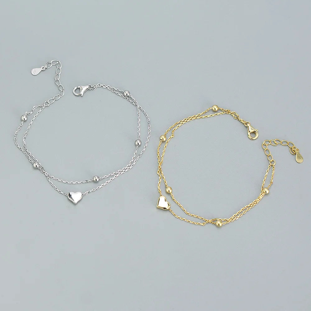 925 Sterling Silver Double Layer Heart-shaped Bracelet  for Women Girl Korean Style Small Fresh Summer Bracelet - Korvel