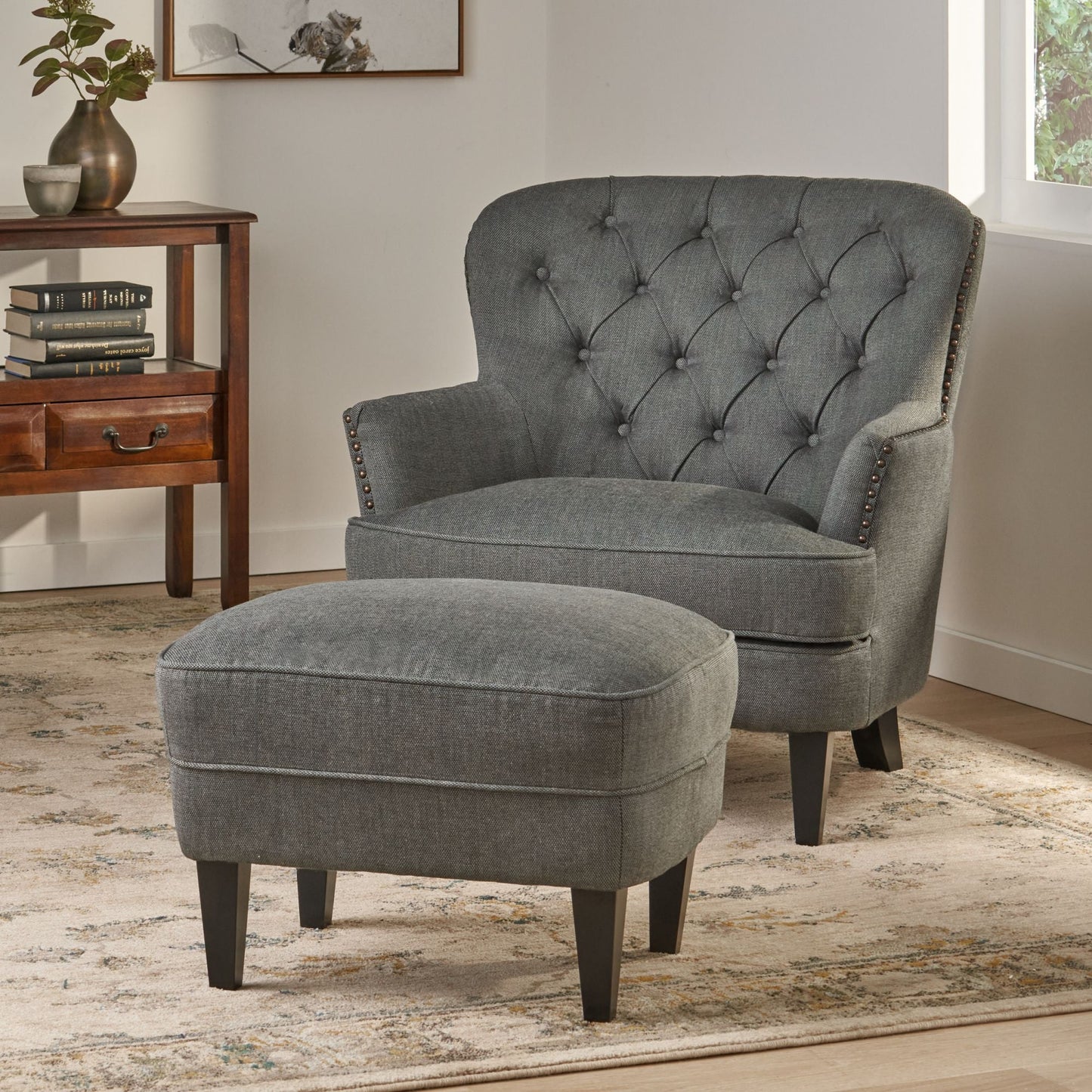 Modern grey fabric club chair and Ottoman set, stylish cushioned armchair, paired with Ottoman style - Korvel