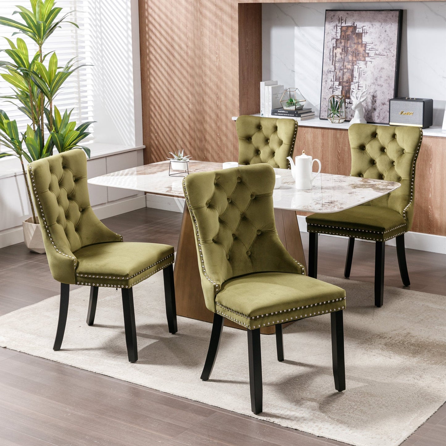 High-end Tufted Solid Wood Contemporary Velvet Upholstered Dining Chair with Wood Legs Nailhead Trim 2-Pcs Set Olive-Green - Korvel