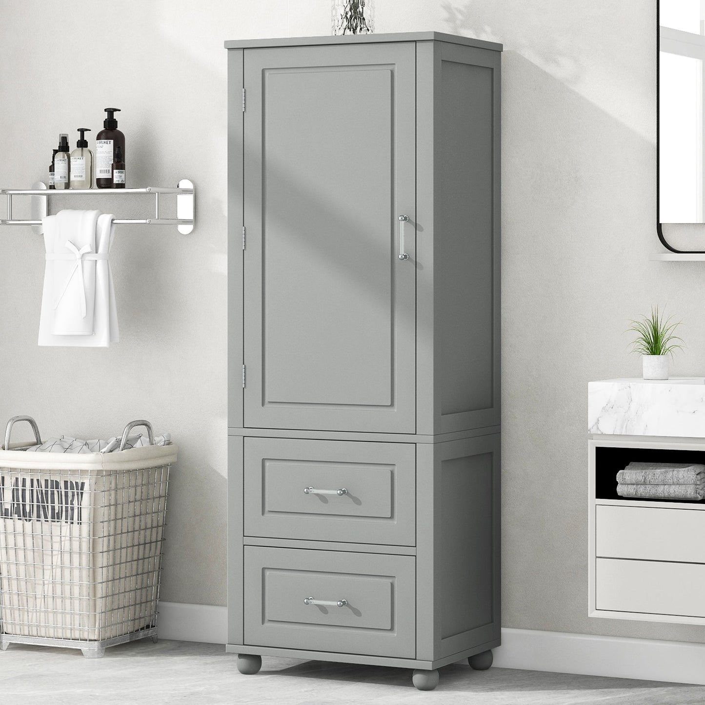 Tall Bathroom Storage Cabinet, Freestanding Storage Cabinet with Two Drawers and Adjustable Shelf, MDF Board , Grey - Korvel