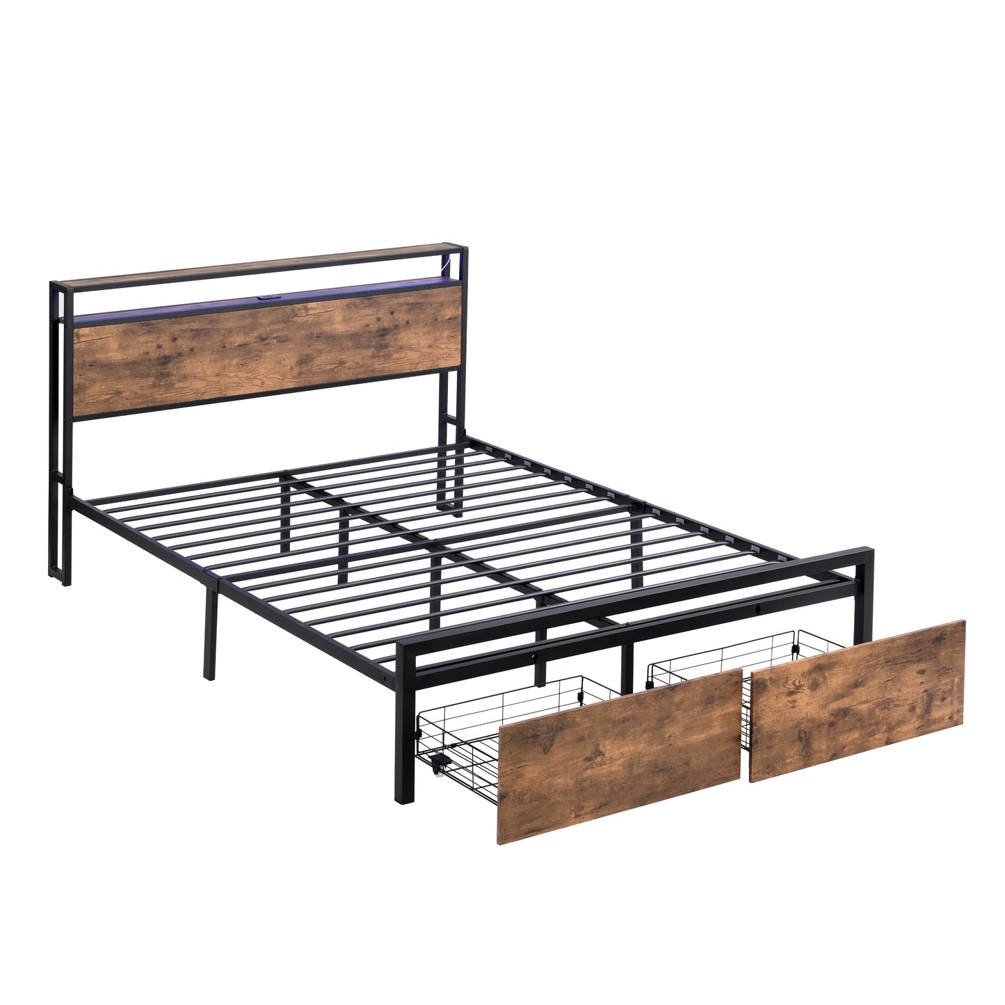 Full size bedstead with storage headboard and 2 drawers, LED light bed with charging station, metal Flat noodles support - Korvel