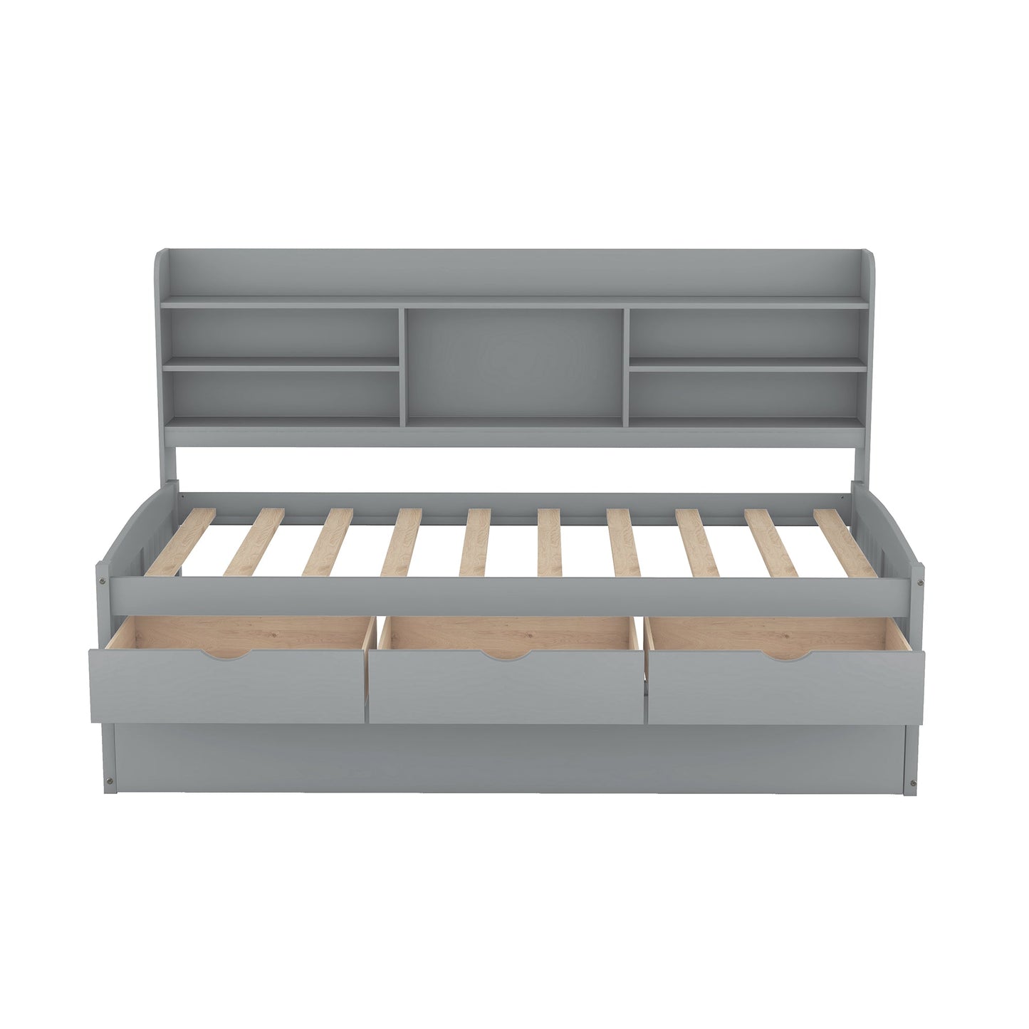 Twin Size Wooden Captain Bed with Built-in Bookshelves,Three Storage Drawers and Trundle Light Grey - Korvel