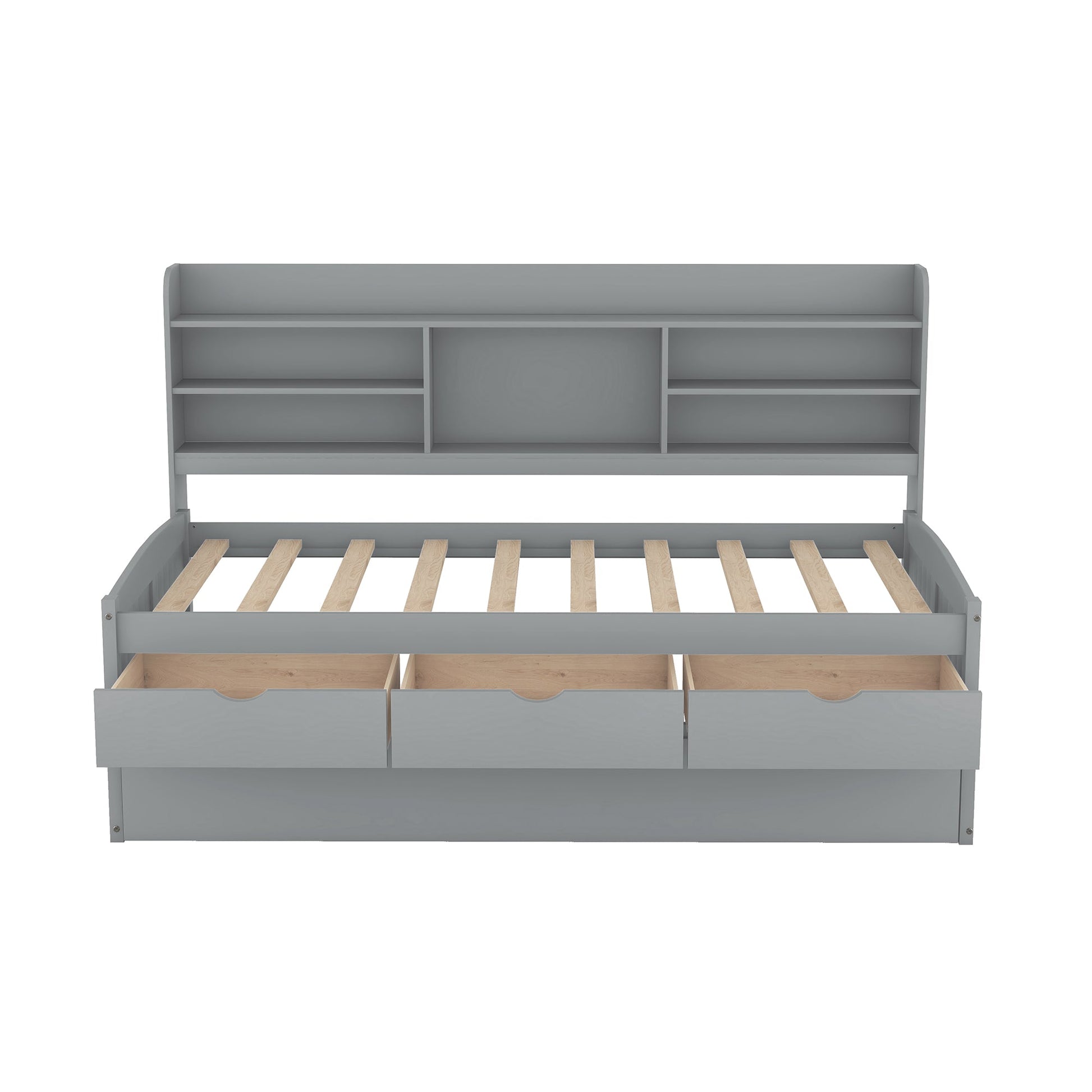 Twin Size Wooden Captain Bed with Built-in Bookshelves,Three Storage Drawers and Trundle Light Grey - Korvel