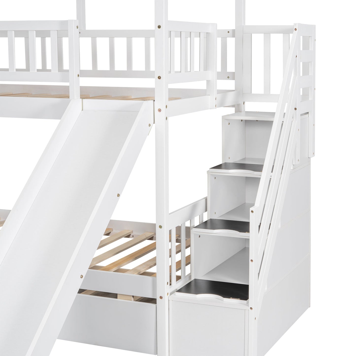Twin over Twin House Bunk Bed with Trundle and Slide Storage Staircase Roof and Window Design  White - Korvel