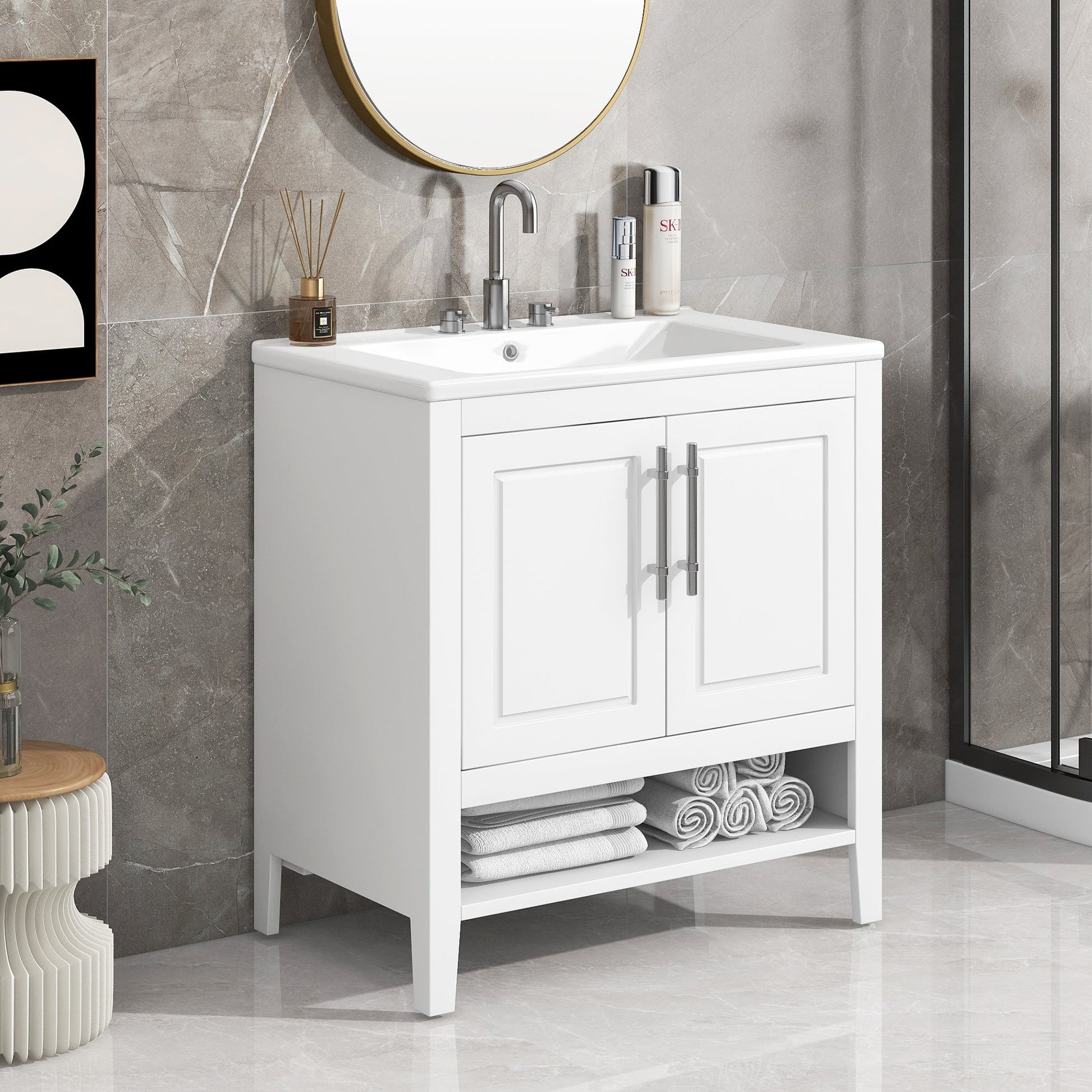 30" Bathroom Vanity with Sink  Multi-functional Bathroom Cabinet with Doors and Drawers Solid Frame and MDF Board, White - Korvel