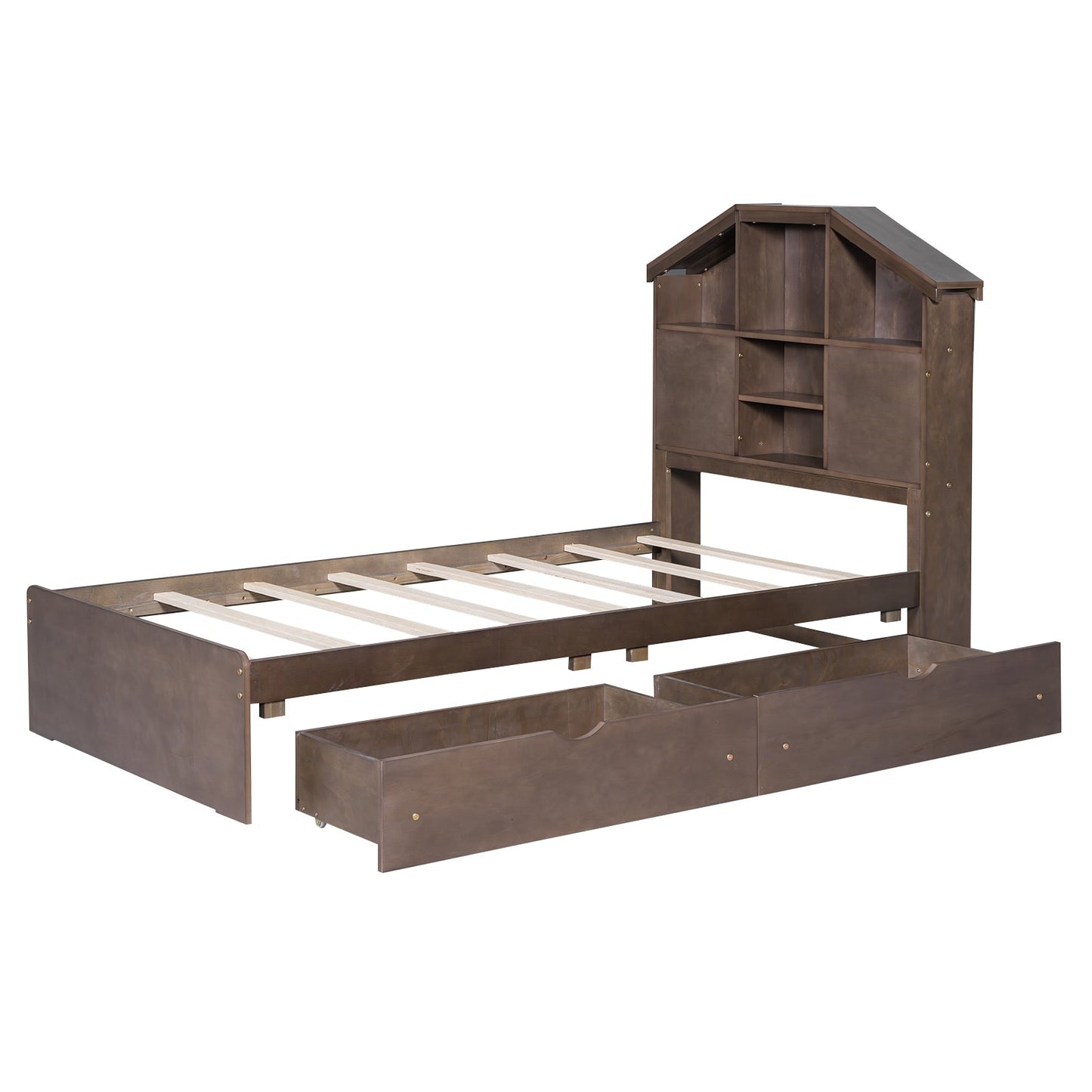 Twin Size Wood Platform Bed with House-shaped Storage Headboard and 2 Drawers Walnut - Korvel