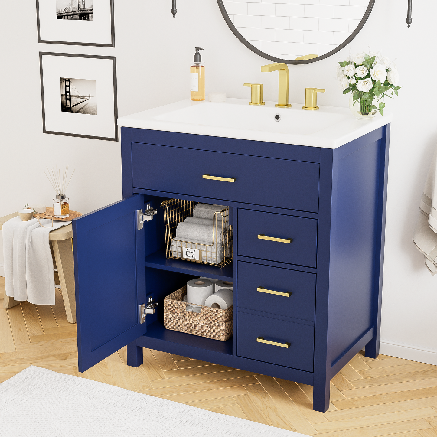 30-Inch Blue Bathroom Vanity with Ceramic Sink and Ample Storage - Ideal Choice for Small Bathrooms - Korvel