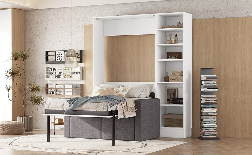 Twin Size Murphy Bed Wall Bed with Sofa and Shelves - White