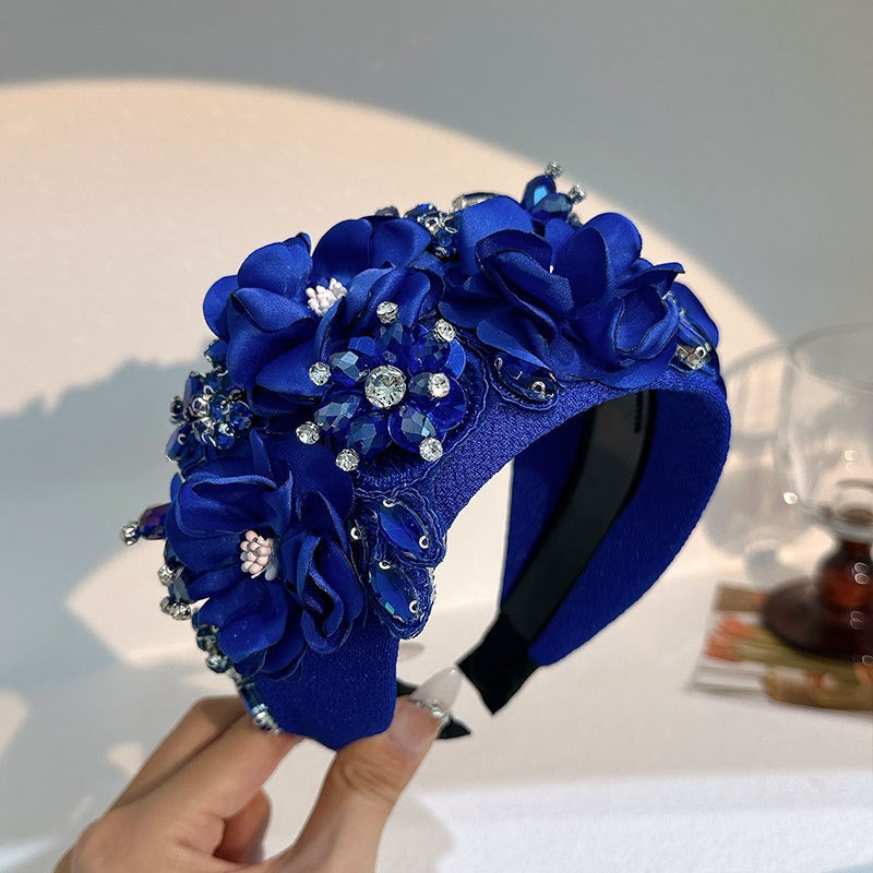 Solid color fabric flower oversized wide edged crystal headband - Korvel