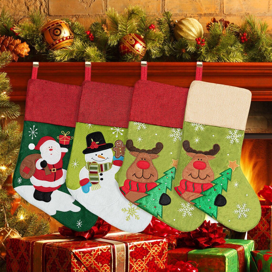 Christmas Socks Gift Bag Linen Santa Claus Embroidery Christmas Socks Christmas Gifts Christmas Pendants - Korvel