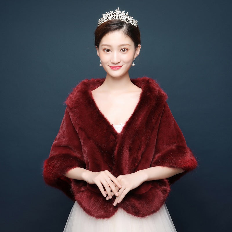 Bride's wedding dress fur shawl women's warm white cloak cheongsam jacket red cloak - Korvel