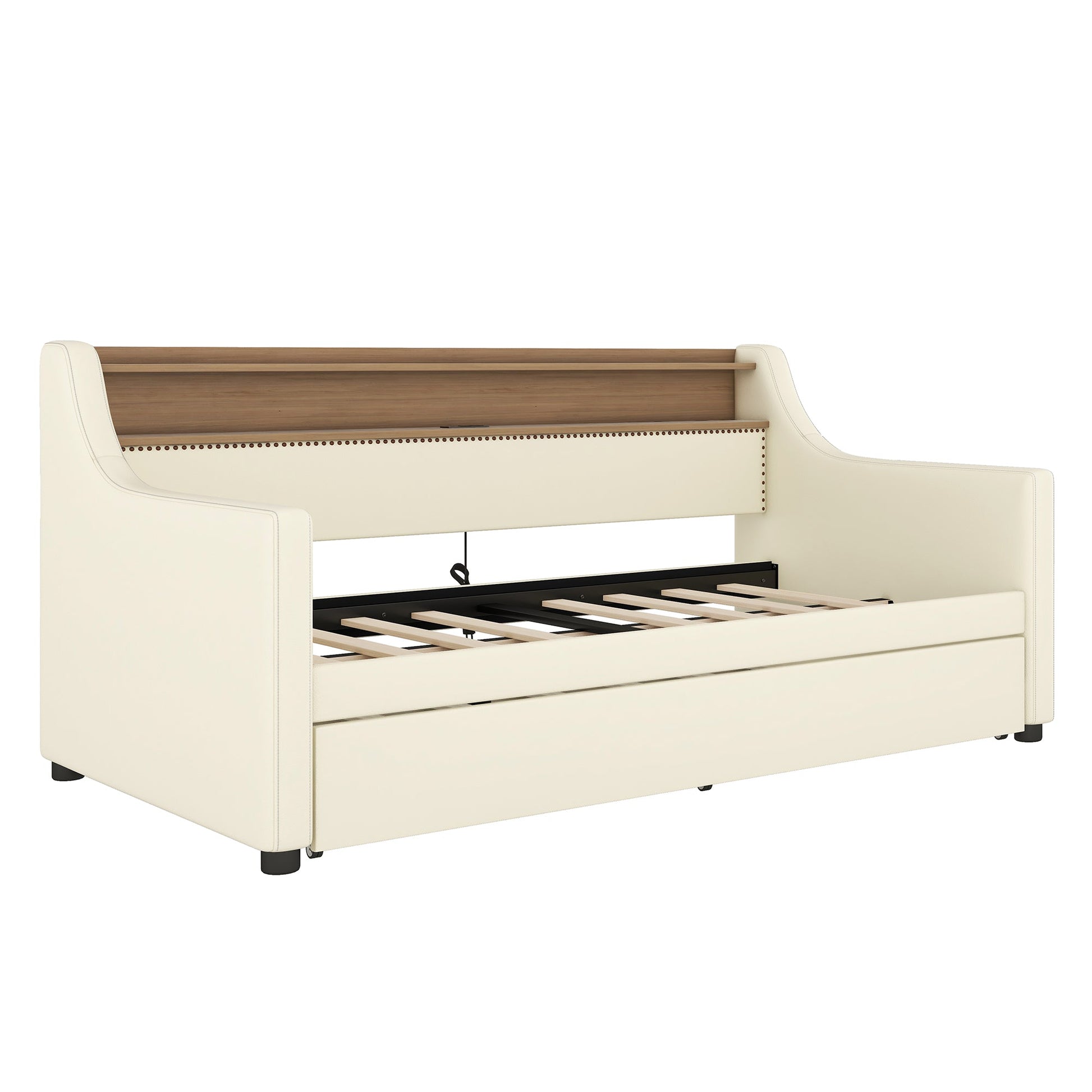 Twin Size Daybed with Trundle, Upholstered Daybed with Charging Station and LED Lights, White - Korvel