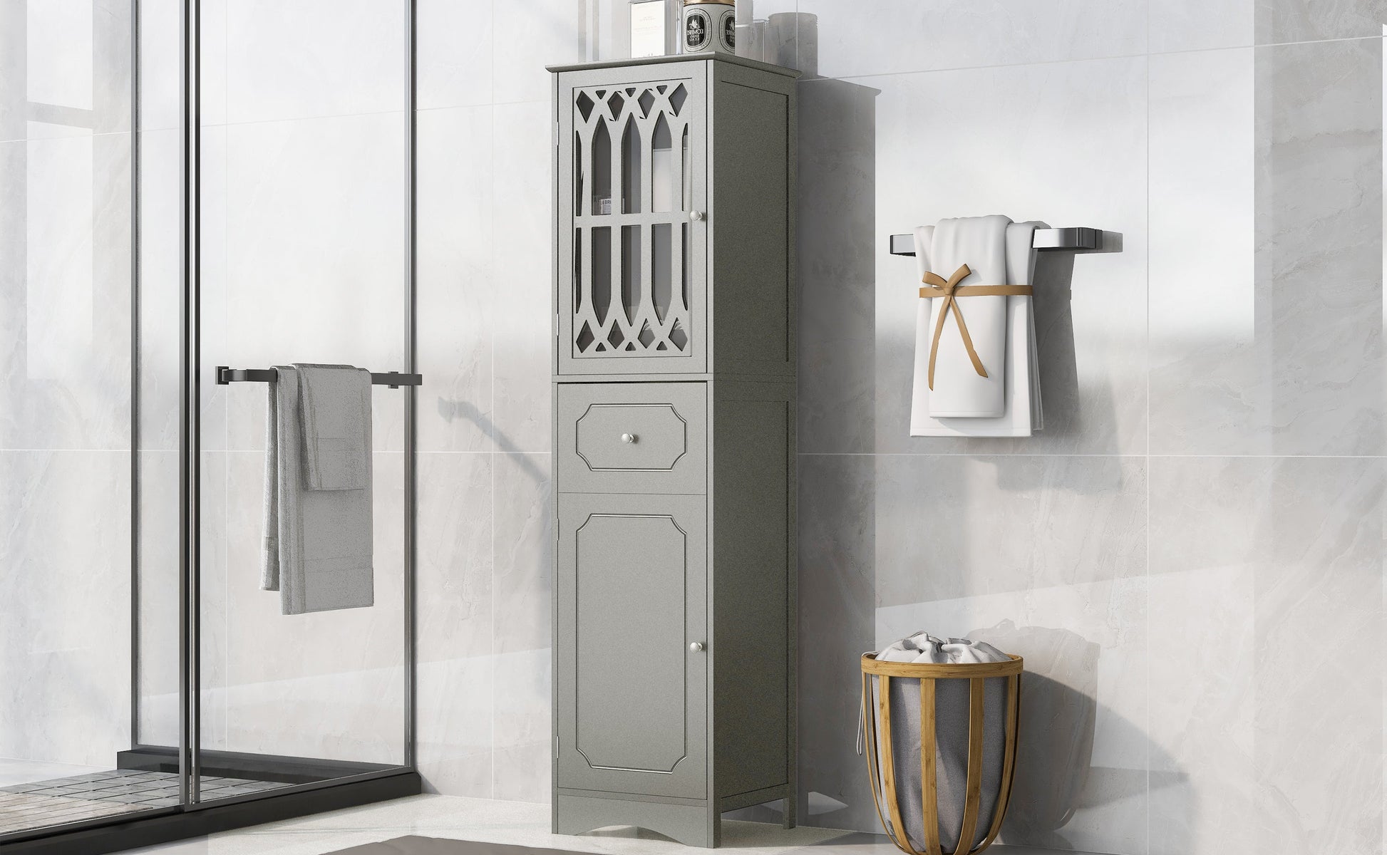 Tall Bathroom Cabinet, Freestanding Storage Cabinet with Drawer and Doors, MDF Board, Acrylic Door, Adjustable Shelf, Grey - Korvel