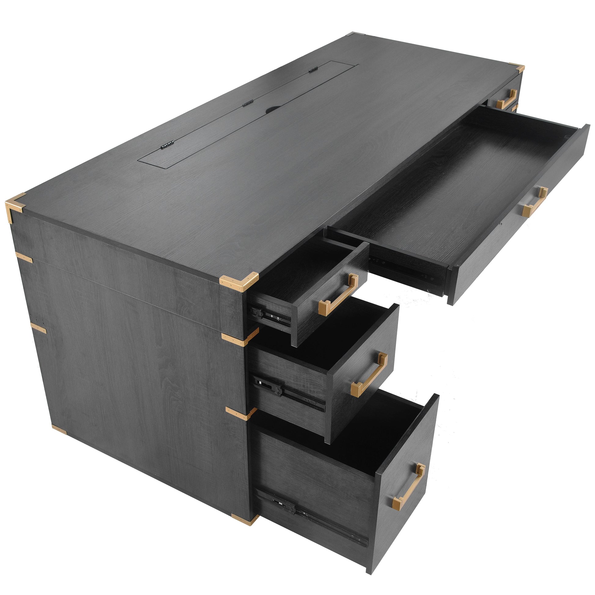70 inch classic and traditional executive desk with metal trim, writing desk with 2 file drawers, USB ports, and sockets, black - Korvel