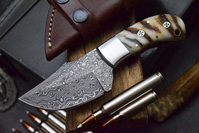 Premium Custom Skinning Knife | Raindrops Damascus Blade & Sheep Horn Handle | 7.2 Inches | Includes Leather Sheath | KBS Knives - Korvel